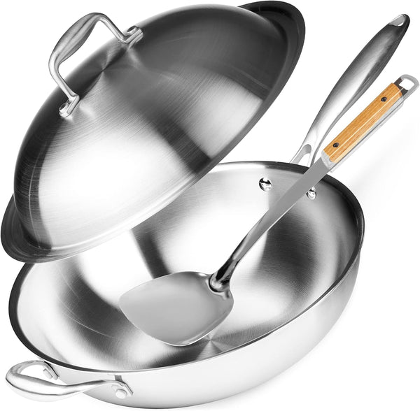 Stainless Steel Flat Bottom Wok Pan, Professional Traditional Stir Fry Cookware W/Domed Lid & Spatula, Low Maintenance Rust & Scratch Resistant for Induction Gas Electric Stove Top1