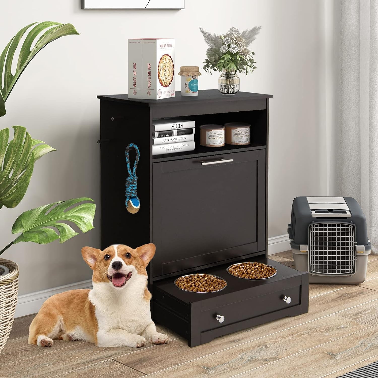 dog-food-cabinet-feeding-station-with-2-raised-bowls-pull-out-elevated-dog-bowl-storage-3-hangers-pet-feeder-toy-leashes-organizer-brown