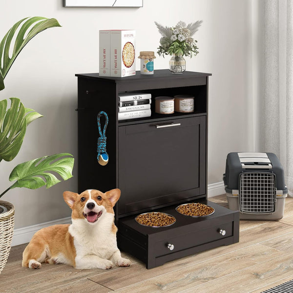 Dog Food Cabinet Feeding Station with 2 Raised Bowls, Pull Out Elevated Dog Bowl, Storage, 3 Hangers, Pet Feeder Toy Leashes Organizer, Brown2