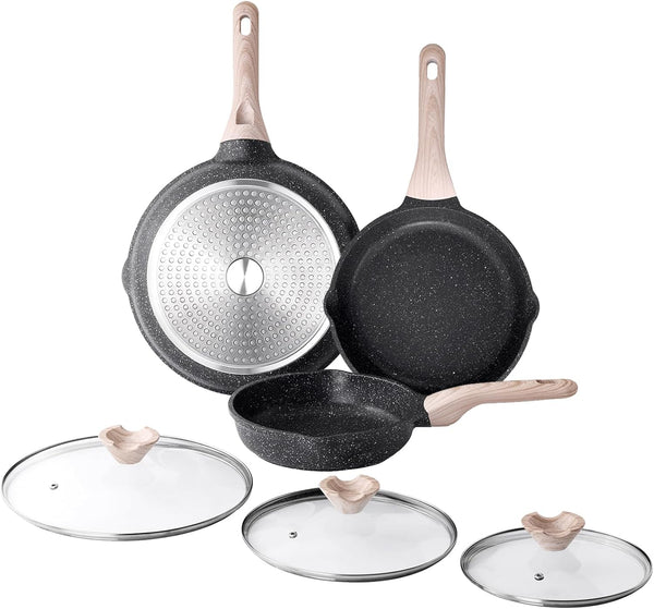 Nonstick Frying Pan Set with Lids, 3 Piece Skillet Set, Healthy Induction Cooking Pan, Stay-Cool Handle, Compatible with All Stovetops, PFOA Free (8, 9.5, 11 Inch)1