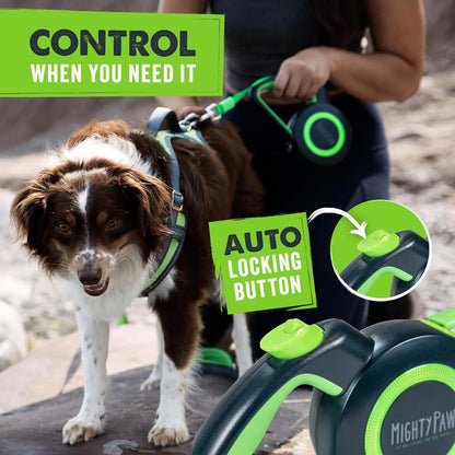 Mighty Paw Retractable Dog Leash 2.0, 16 Ft, for Medium Dogs, Heavy Duty | Reflective Nylon Tape, Tangle-Free Swivel Clip, One-Touch Quick-Lock Brake, Reflective Ring, Anti-Slip Handle3