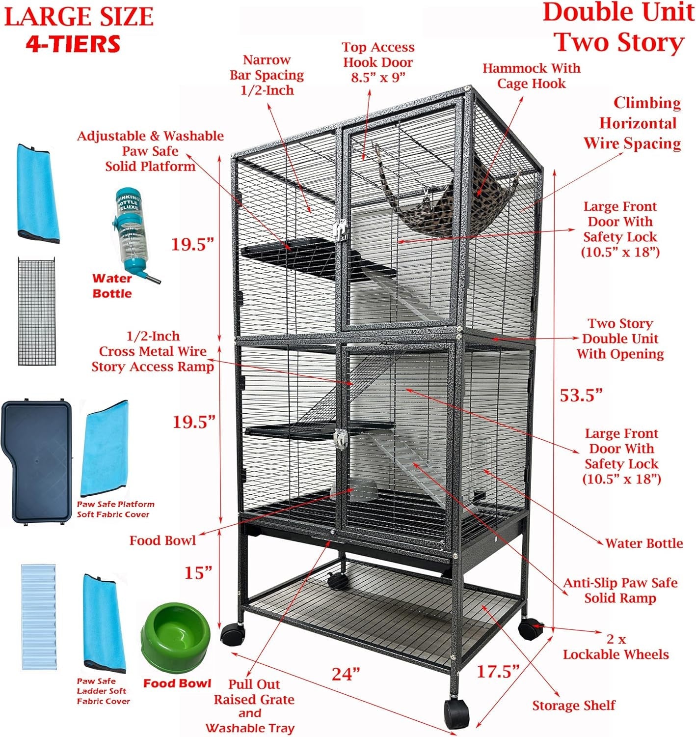 large-two-full-story-deluxe-double-unit-4-tiers-tight-1-2-inch-bar-spacing-durable-front-doors-water-bottle-food-bowl-for-feisty-ferret-squirrel-hammock-rat-gerbil-small-animal-critter-rolling-cage