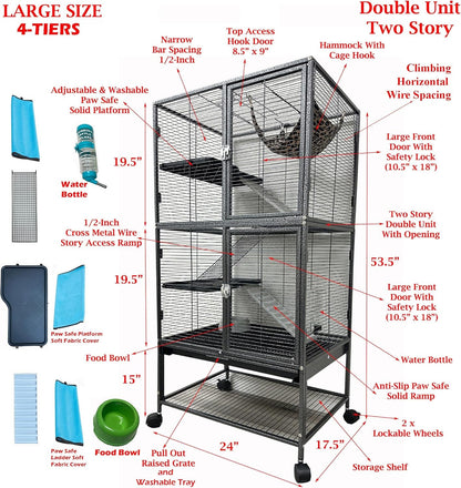 Large Two Full Story Deluxe Double Unit 4-Tiers Tight 1/2-Inch Bar Spacing Durable Front Doors Water Bottle Food Bowl for Feisty Ferret Squirrel Hammock Rat Gerbil Small Animal Critter Rolling Cage3