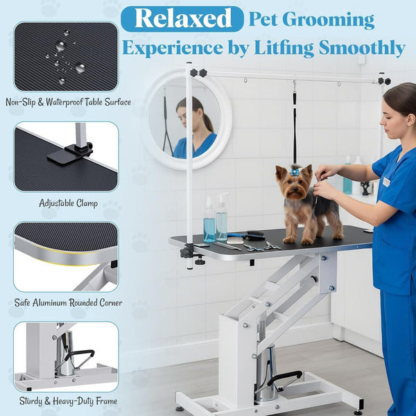 Garveelife 43.3" Hydraulic Dog Grooming Table for Pet, Heavy Duty Structural Hydraulic Max Load 350Lbs Professional Pet Grooming Table with Adjustable Overhead Arm & Noose Height Range 22"-39" (White)2