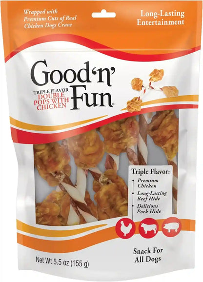 GOOD 'N' FUN Triple Flavor Double Pops Treats for Dogs, Long-Lasting Chews Made with Real Chicken, Beef Hide and Pork Hide, 12 Oz10