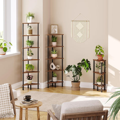 Corner Shelf Stand, Industrial 6-Tier Wall Corner Bookshelf with Metal Frame, Plant Display Shelf, Bookcase for Small Spaces, Bedroom, Living Room, Rustic Brown BF36CJ018