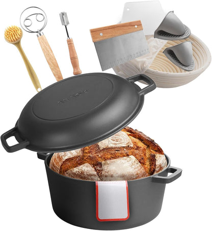 Cast Iron Dutch Oven, 2-In-1 Pre-Seasoned Pot with Skillet Lid, 5QT Cookware Pan with Proofing Basket, Bread Baking Accessories, Bread-Oven Compatible 500℉1