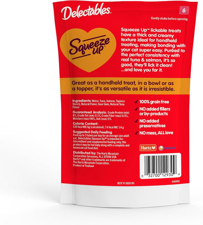 Delectables Squeeze up Creamy Squeezable Puree, Lickable Wet Cat Treats, Grain Free, No Added Fillers, No By-Products, No Added Preservatives, 0.5 Ounces Tuna & Salmon, 32 Tubes Total6