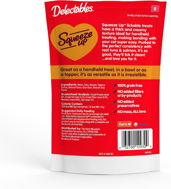 Delectables Squeeze up Creamy Squeezable Puree, Lickable Wet Cat Treats, Grain Free, No Added Fillers, No By-Products, No Added Preservatives, 0.5 Ounces Tuna & Salmon, 32 Tubes Total6