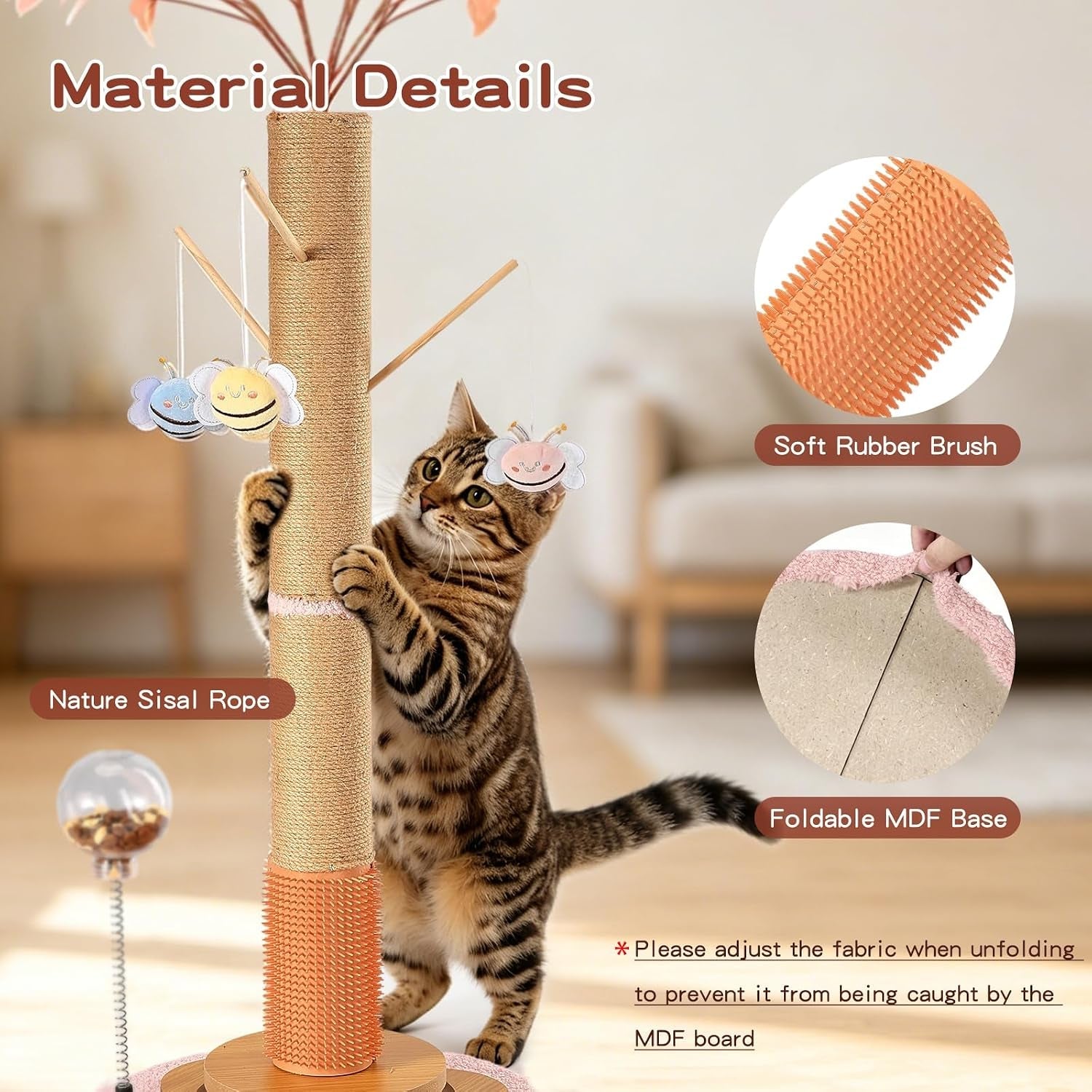 45-tall-cat-scratching-post-for-large-cats-adults-grooming-brush-track-ball-spring-feeder-3-bee-toys-sisal-rope-large-cat-scratcher-tree-with-leaves-for-indoor-cats-pink