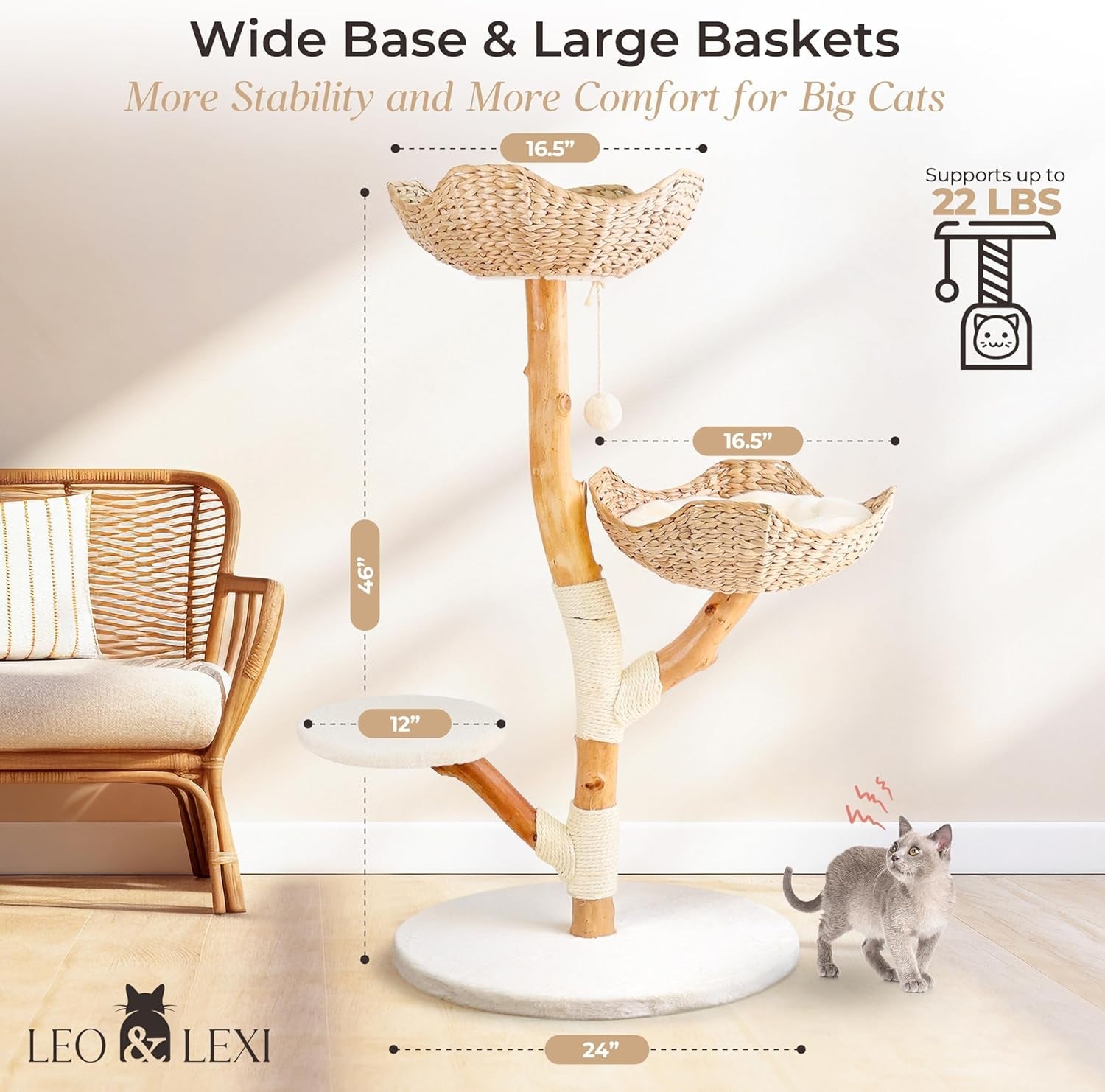 leo-lexi-aesthetic-real-wood-modern-cat-tree-46-inches-tall-sturdy-solid-natural-wood-tower-for-large-cats-scratching-post-with-wicker-basket-bed-luxury-boho-furniture-for-indoor-cats