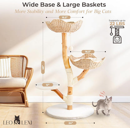 LEO & LEXI Aesthetic, Real Wood Modern Cat Tree. 46 Inches Tall, Sturdy, Solid Natural Wood Tower for Large Cats. Scratching Post with Wicker Basket Bed, Luxury, Boho Furniture for Indoor Cats4