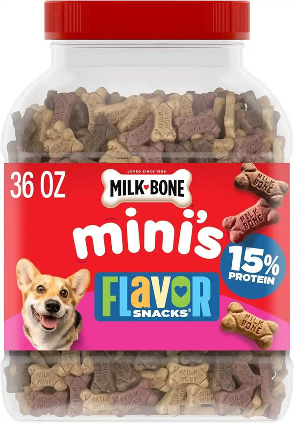 Milk-Bone Flavor Snacks Mini’S Dog Biscuits, Flavored Crunchy Dog Treats, 36 Oz. Canister | 5 Calories per Treat, 15% Protein, 3 Flavors per Canister (Beef, Chicken & Bacon, Naturally & Artificially Flavored)1