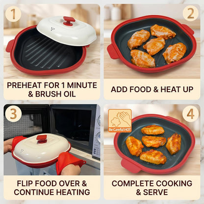 Microwave Grill Pan with Lid for Meat, Browning and Crisping, Red | Nonstick Grill Plate with Even Heating for Fast Cooking and Crispy Results, Ideal for Bacon, Pizza, Sandwiches and More5