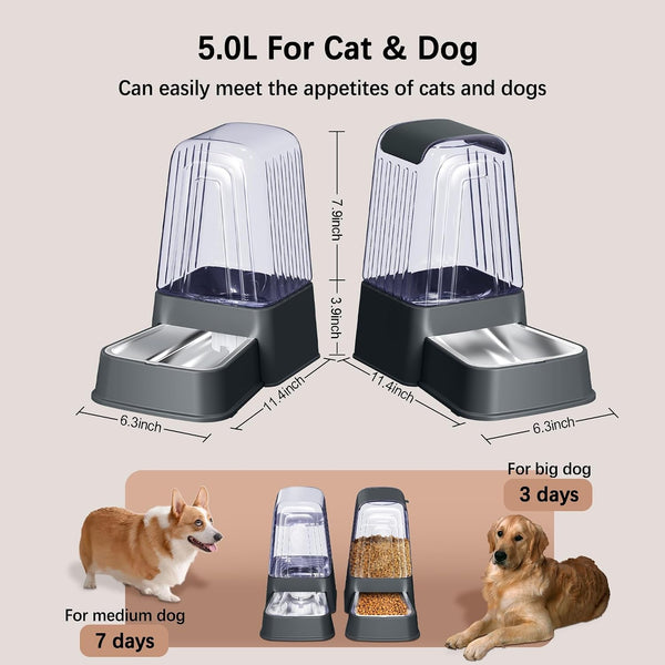 Automatic Dog and Cat Food Feeder and Water Dispenser Set with Stainless Steel Bowls,Gravity Pet Food and Water Feeders,100% Bpa-Free,Large Capacity for Cats Dogs Pets… (5L Dark Gray)6