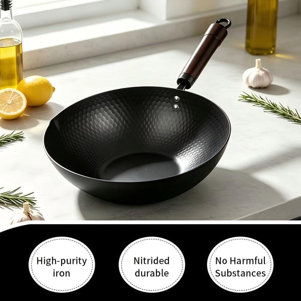 Cast Iron Wok, Frying Pan, Chinese Wok, Flat Bottom Cookware, Non-Stick Easy to Clean for Frying, Stir-Frying, Cooking, Pfoa-Free, Dishwasher Safe Compatible with All Kitchen (12.59-In)5