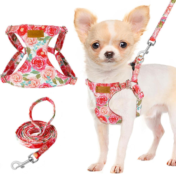 Lukovee No Pull Puppy Harness and Leash Set - Adjustable Lightweight Soft Suede Pet Harness Vest, with Snap Buckle & 51In Leash for Small Medium Dogs (Pink Rose, XXS)1