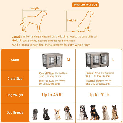 Medium Dog Crate Furniture, 32'' Heavy Duty Kennel W/Cushion & Wheels | Grey, Double Doors, Wooden Dog Cage, Chew-Resistant, End Table, Decorative, 27"/32"/38"/44" Options, Indoor6