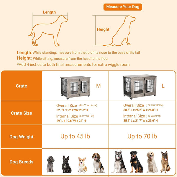 Medium Dog Crate Furniture, 32'' Heavy Duty Kennel W/Cushion & Wheels | Grey, Double Doors, Wooden Dog Cage, Chew-Resistant, End Table, Decorative, 27"/32"/38"/44" Options, Indoor6