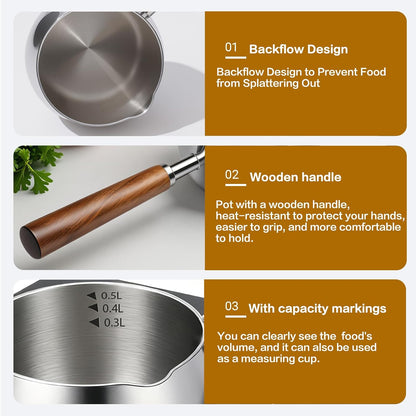 17Fl Oz (500Ml) Stainless Steel Mini Pot Butter Warmer, Milk and Coffee Heater, Seafood Butter Warmer, Chocolate Melting,With Pour Spout and Wooden Handle,Induction Cooker Available6