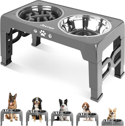 Jovrun Elevated Dog Bowls for Medium Large Size Dogs, Non-Slip Dog Feeder with 1*Stainless Steel Dishes & 1*Slow Feeder Bowl, 5 Heights Adjustable Raised Bowls to 3.15″-8.66″-9.84″-11.02″-12.2″14