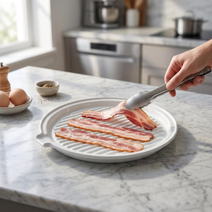 Microwave Bacon Tray with Lid Ceramic Bacon Cooker Meat Rack for Oven Cooking Crispy Bacon Maker with Cover - 11 Inch round Bacon Dish Plate, White2
