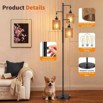 72" Boho Rattan Tree Floor Lamp, Tall Dimmable Industrial Standing Lamp, Corner Decor Accent Lighting for Living Room, Bedroom, Dining Room, Nursery, Cafe (3 X 800LM Bulbs Included) - Black5