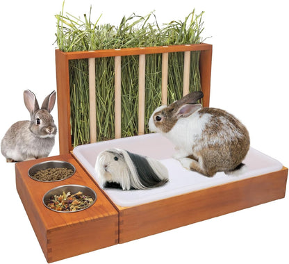 BESNEW 3 in 1 Rabbit Hay Feeder with Litter Box,Wooden Hay Feeder with 2 Bowls & Litter Box for Guinea Pig Chinchilla Bunny Other Small Animals,Large Capacity & Preventing Waste8