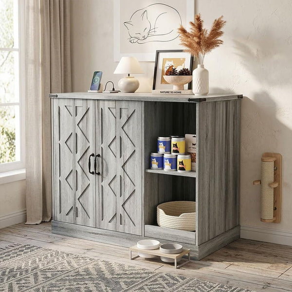 Large Cat Litter Box Enclosure Furniture with Litter Collector, Hidden Litter Box Cabinet with Storage Shelves & Power Outlet, Wooden Cat House Cat Washroom for Automatic Litter Box6