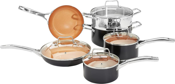 Ceramic Nonstick Cookware Set, Induction Ready, Dishwasher & Oven Safe, Even Heating, 10-Piece Set with Frying Pans, Saucepans, Glass Lids, Copper Color1
