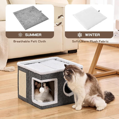 Large Cat Houses for Indoor Cats with Fluffy Ball and Scratch Pad | Foldable Cat Bed Cave for Multiple Pets, Kitten Bed for All Seasons, Non-Slip, Hold up to 30LBS, 16X16X13Inch, Grey4