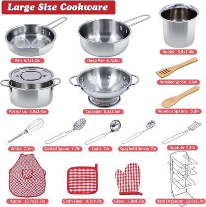 Kids Pretend Play Kitchen Toys Accessories Set, 32Pcs Stainless Steel | Toy Pots and Pans Sets W/ Rack Organizer, Metal Cooking Utensils & Apron, Play Food W/ Basket for Kids Girls Boys Toddlers 3+2