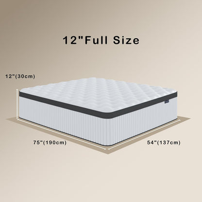 Full Size Mattress, 12 Inch Full Hybrid Mattresses with Memory Foam and Individual Pocket Spring for Motion Isolation, Pressure Relief, Medium Firm Mattress in a Box, 54 * 75 * 122