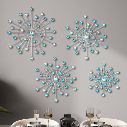 4 Pcs Metal Wall Decor Bling Crystal Wall Art Cast Iron Rhinestones Sunburst Decor Starburst Art Hanging Diamond Accents Home Decorative for Living Room Bedroom Entryway (Blue)1
