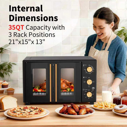 French Door Electric Knob Oven,35 QT Extra Large Oven，18-Slice Convection Oven3-Control Knobs, Bake Broil Toast Grilled Meat Keep Warm, Black Metal,Equipped with a Tray and a Rack.6