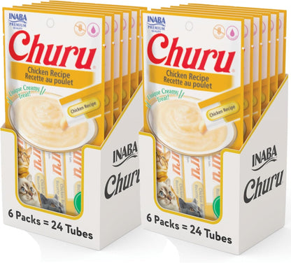 INABA Churu Cat Treats, Grain-Free, Lickable, Squeezable Creamy Purée Cat Treat/Topper with Vitamin E & Taurine, 0.5 Ounces Each Tube, 4 Tubes, Tuna with Salmon Recipe24