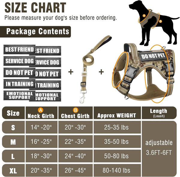 Tactical Dog Harness and Leash Set with 10 Patches for Large Dogs | Heavy Duty No Pull Service Animal Dog Vest with Dog Seat Belt ,Adjustable Reflective Easy Walk for Training Hiking Camo L5