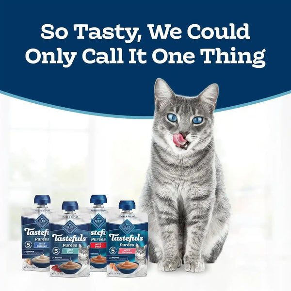 Blue Buffalo Tastefuls Purées Variety Pack Wet Cat Food Complement (Salmon, Chicken, Tuna, Beef) Made with Natural Ingredients, for All Life Stages, 3-Oz. Resealable Pouches (12 Count)2