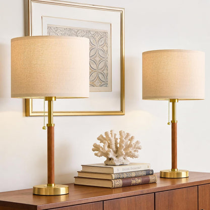 22" Wood Table Lamps Mid Century Modern Lamp for Bedroom Living Room | Bedside Lamps for Night Stands Nightstand Lamp with Pull Chain Gold Small Side End Table Lamps Set of 2 Vintage Deco Gifts1