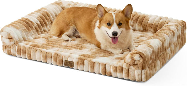 COZY KISS Ultra Soft Faux Rabbit Fur Dog Bed for Medium Dogs – 36"X27" Orthopedic Foam Couch, Removable Washable Cover & Waterproof Lining, Cream9