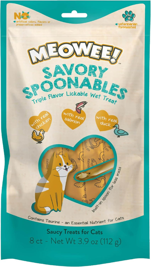 MEOWEE! Savory Spoonables Variety Pack, 12 Count Tube, Triple Flavor Squeezable Lickable Wet Treats for Cats with Built-In Spoon for Less Mess25