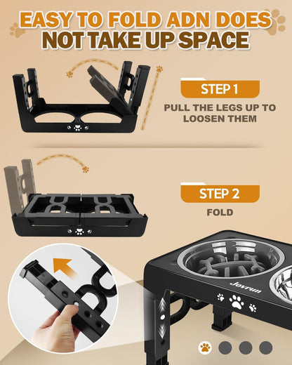 Jovrun Elevated Dog Bowls for Medium Large Size Dogs, Non-Slip Dog Feeder with 1*Stainless Steel Dishes & 1*Slow Feeder Bowl, 5 Heights Adjustable Raised Bowls to 3.15″-8.66″-9.84″-11.02″-12.2″6