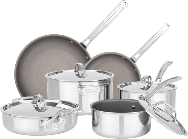 Viking Pureglide Pro 3-Ply Nonstick Cookware Set, Made without PFAS, 10-Piece Induction Pots and Pans Set, Metal Utensil Safe Titanium Nonstick Surface, Oven Safe to 600F1