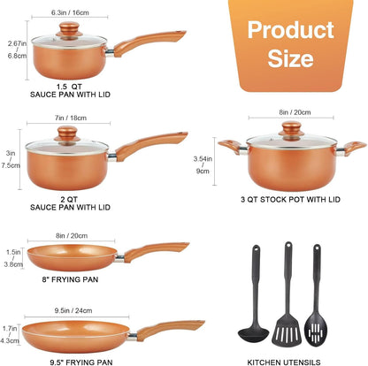 Pots and Pans Set Ultra Nonstick, Pre-Installed 11Pcs Cookware Set Copper with Ceramic Coating, Stay Cool Handle & Nylon Kitchen Utensils, Gas/Induction Compatible, 100% PFOA Free | Compact Nonstick Cooking Set, Induction Cookware Set, PFOA & PFAS Free, Non-Toxic Pots and Pans, Easy Food Release2