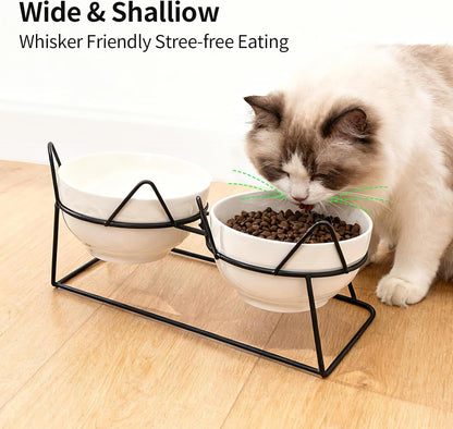 Elevated Cat Food Bowl,Ceramic Raised Water Bowl for Indoor Cats, 15°Tilted Metal Stand anti Vomiting and Protect Spines,Whisker Fatigue Feeding Dishes,Non-Slip and Dishwasher Safe3