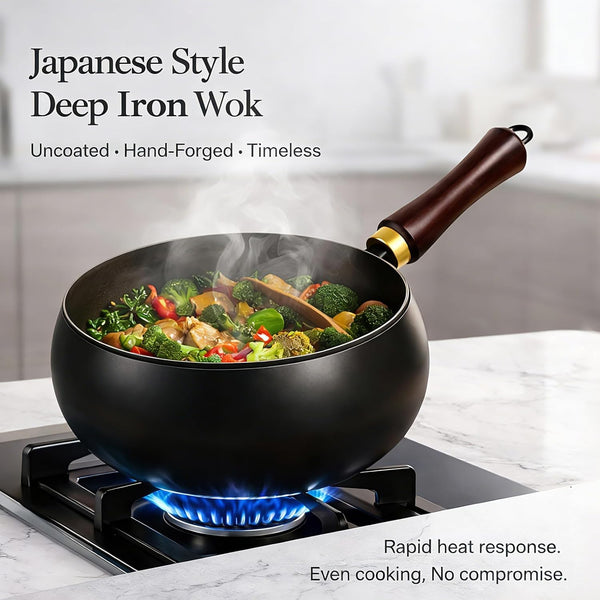 2026 NEW Uncoated Thick Iron Pot with Lid, Japanese Cast Iron Pan, Multifunctional Non-Stick Cast Irons Wok for Cooker Gas Stir Fry Pans (With Wooden Lid, 8 In)2