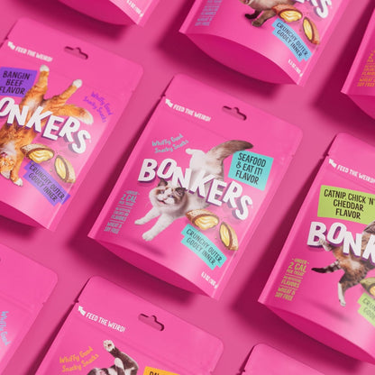 Bonkers Bites Seafood & Eat It Flavor Crunchy & Soft Treats for Cats, 3Oz Bag (Pack of 10)2