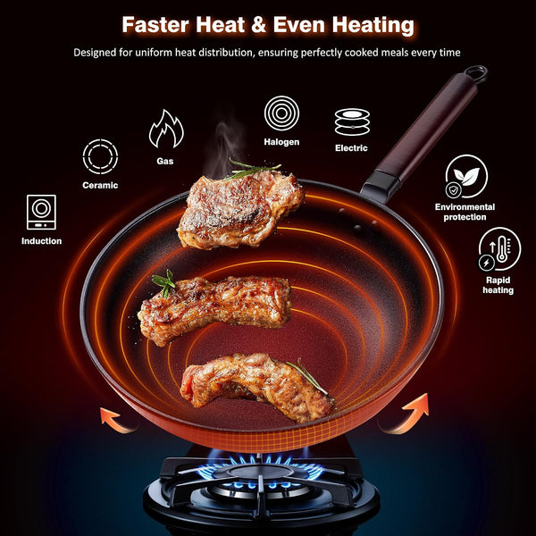 2 PCS Carbon Steel Wok -13 Inch Woks & Stir-Fry Pans Nonstick, Wok Pan with Glass Lid Spatula and Dish Brush: Pre-Seasoned Flat Bottom Chinese Wok for Induction, Electric, Gas, All Stoves2