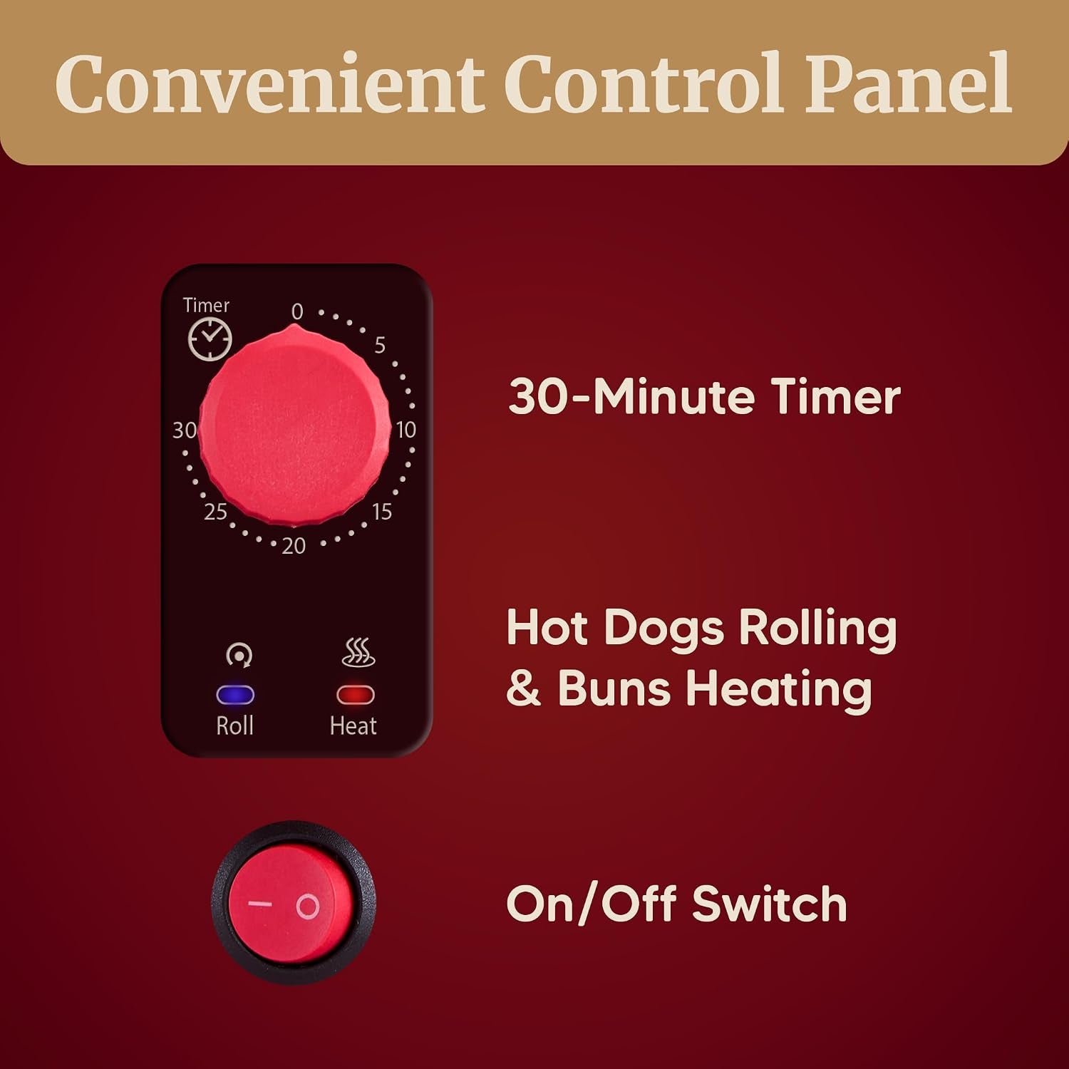 8-hot-dog-roller-toaster-oven-5-rollers-auto-shut-off-red-30-min-timer-stainless-steel-rollers-2-warming-racks-bun-warmer-drip-pan-cooks-brats-sausages-taquitos