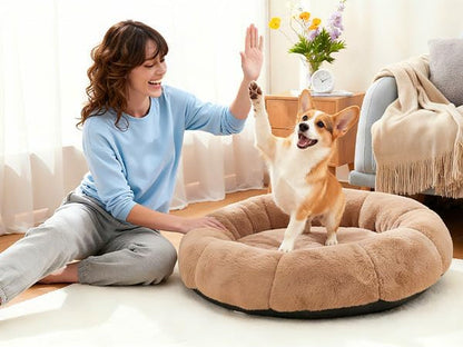 Ohgeni 31 Inches Calming Donut Orthopedic Dog & Cat Bed for Medium Pets, Warming Comfort Fluffy Short Pile Fur, Durable Waterproof Machine Washable Removable Cover, Cute round Bed for Puppy, Camel9